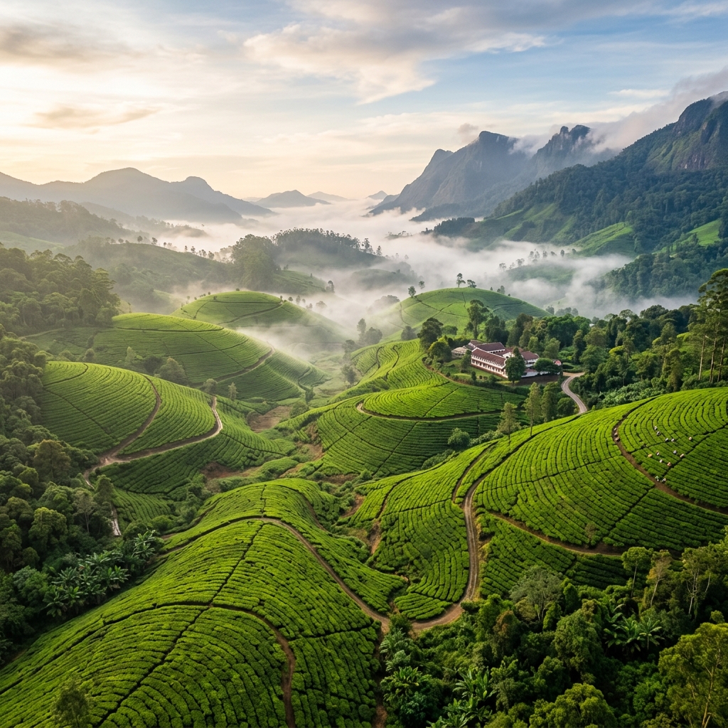 Emerald green tea plantations of Sri Lankan hill country